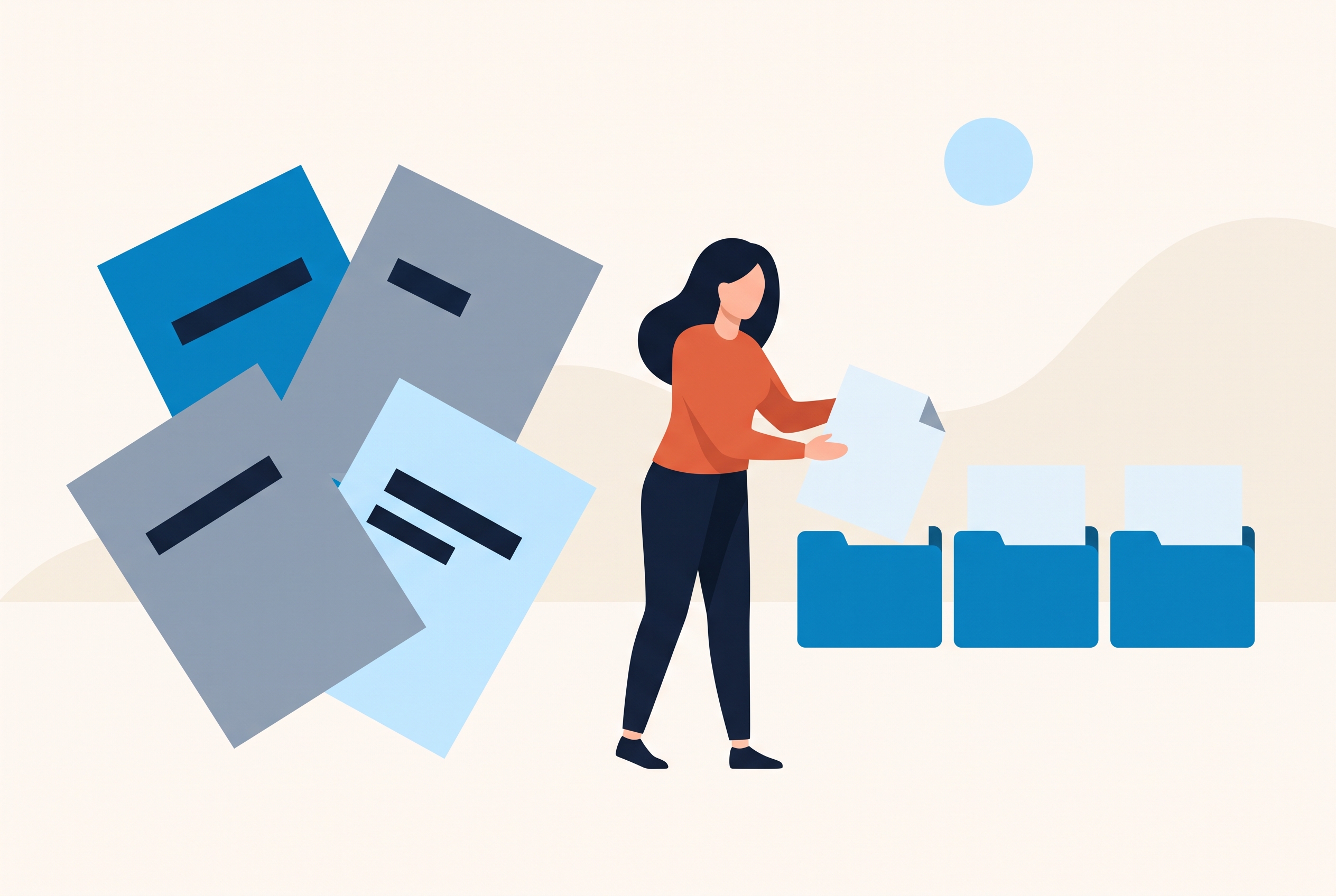 Illustration: a stack of mixed documents being sorted into labeled Markdown files in folders